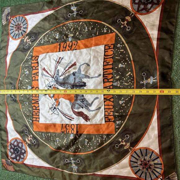 VINTAGE HERMES FEUX D’ARTIFICE FIREWORKS Green SILK SCARF WRAP 1937-1990 34X34 - Picture 5 of 5